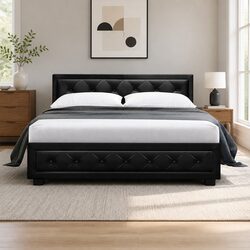 Sturdy Gas Lift Bed Frame with Upholstered Headboard - Black