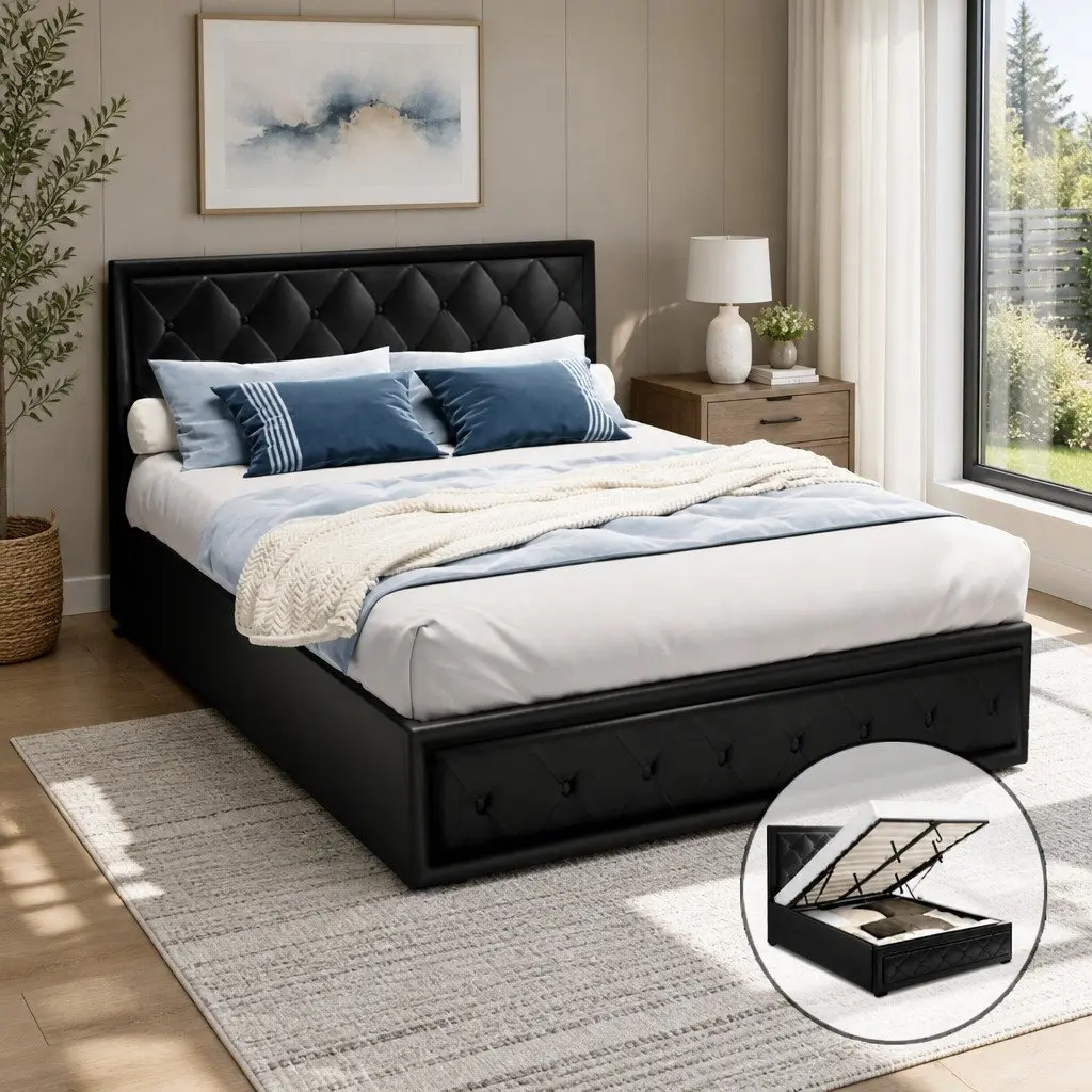 Double Gas Lift Bed Frame PVC Leather Upholstered Headboard 202cm x 144cm x 99cm Black