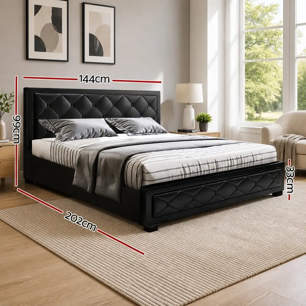 Double Gas Lift Bed Frame PVC Leather Upholstered Headboard 202cm x 144cm x 99cm Black