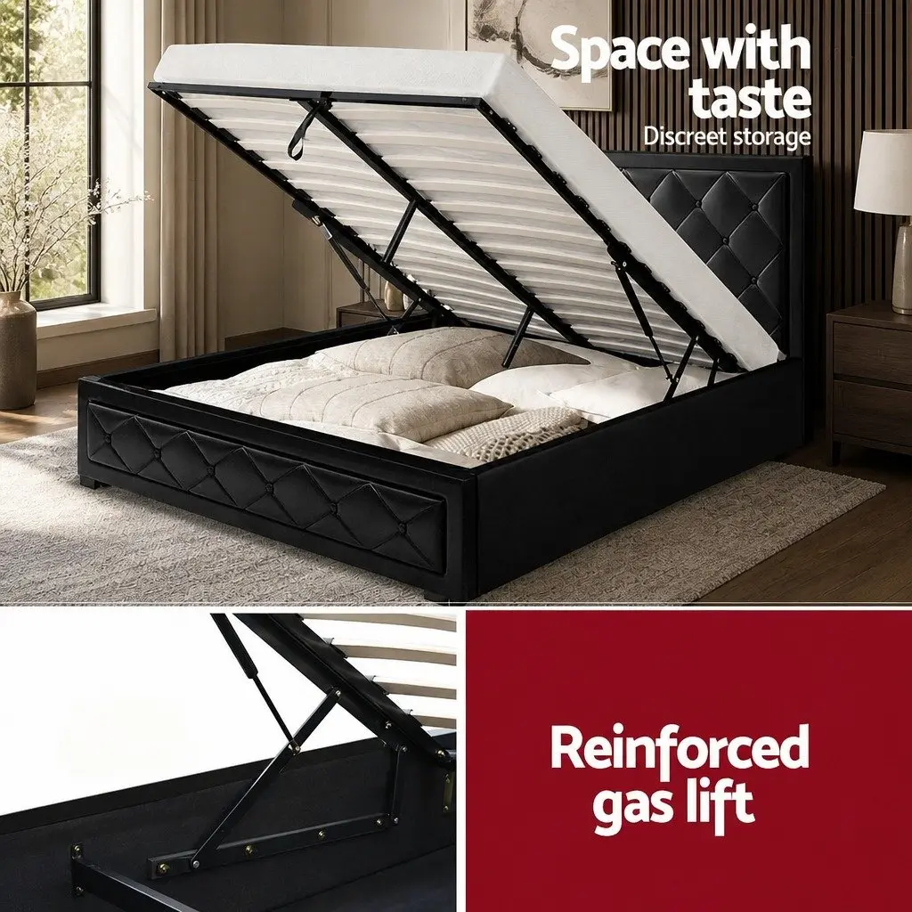 Double Gas Lift Bed Frame PVC Leather Upholstered Headboard 202cm x 144cm x 99cm Black