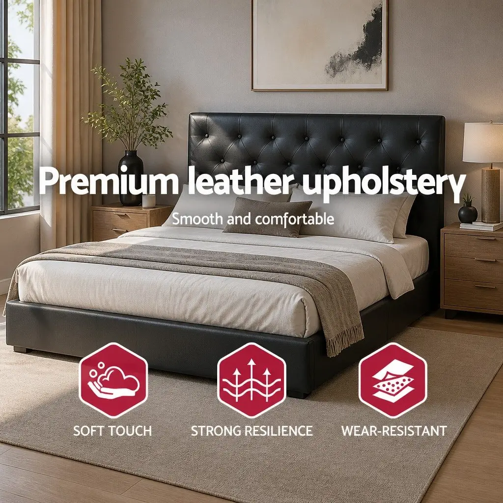 Double Gas Lift Bed Frame PVC Leather Upholstered Headboard 202cm x 144cm x 99cm Black