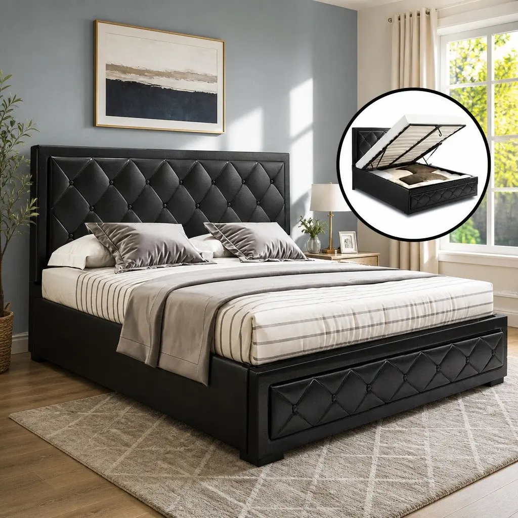 Double Gas Lift Bed Frame PVC Leather Upholstered Headboard 202cm x 144cm x 99cm Black