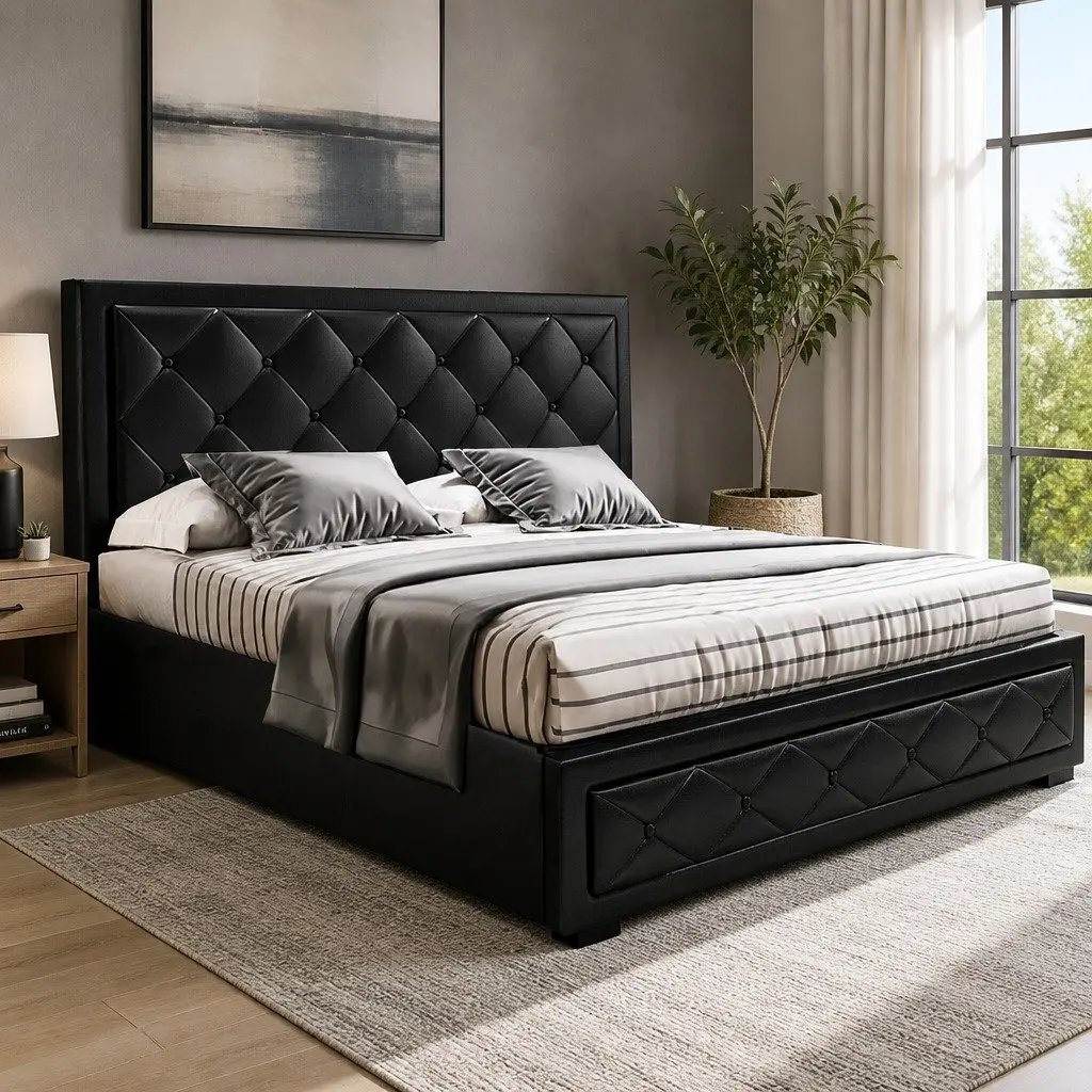 Double Gas Lift Bed Frame PVC Leather Upholstered Headboard 202cm x 144cm x 99cm Black