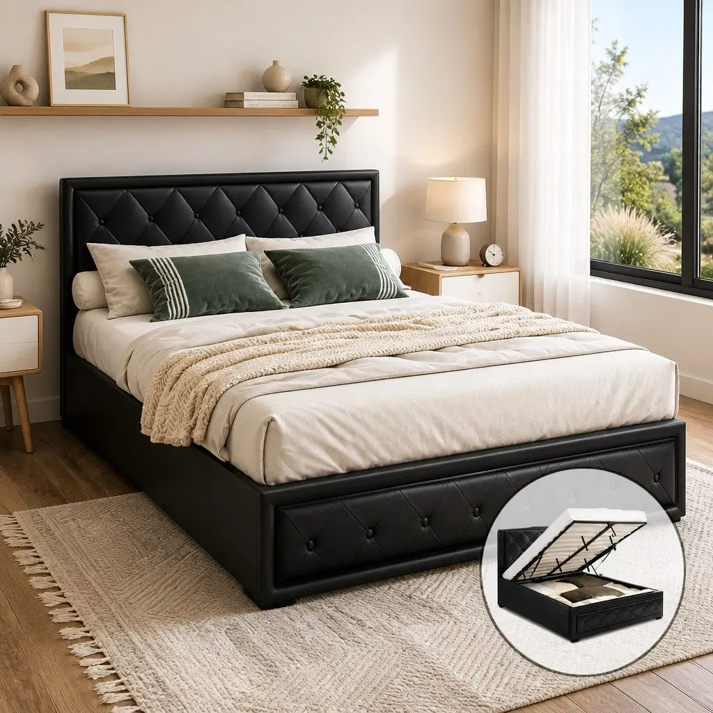 Queen Size Gas Lift Bed Frame with Storage Tufted Headboard Black