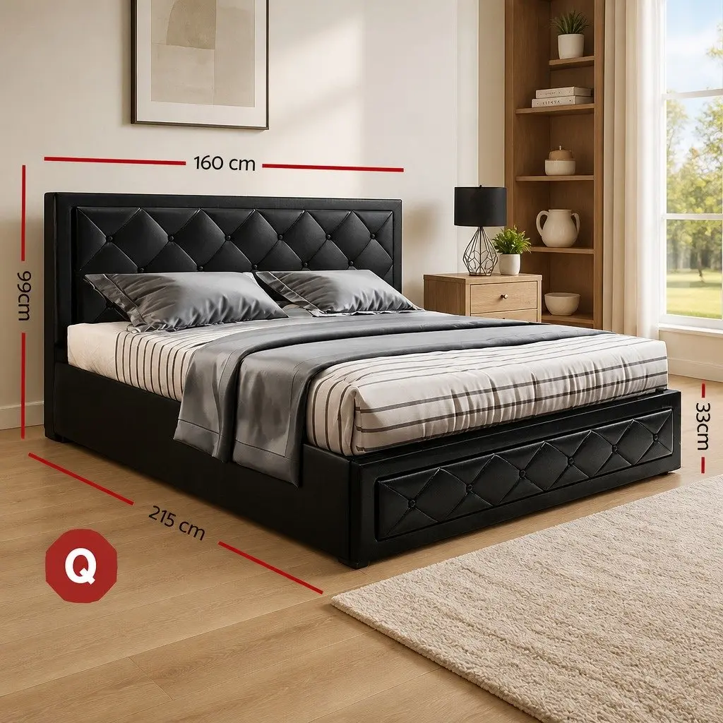 Queen Size Gas Lift Bed Frame with Storage Tufted Headboard Black