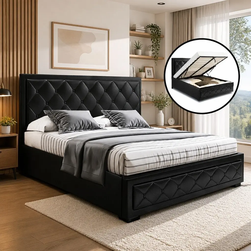 Queen Size Gas Lift Bed Frame with Storage Tufted Headboard Black