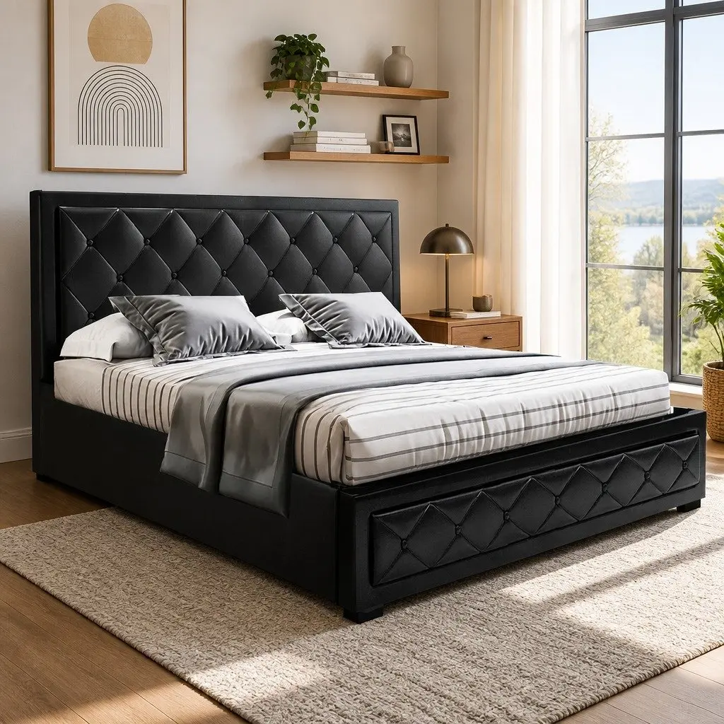 Queen Size Gas Lift Bed Frame with Storage Tufted Headboard Black