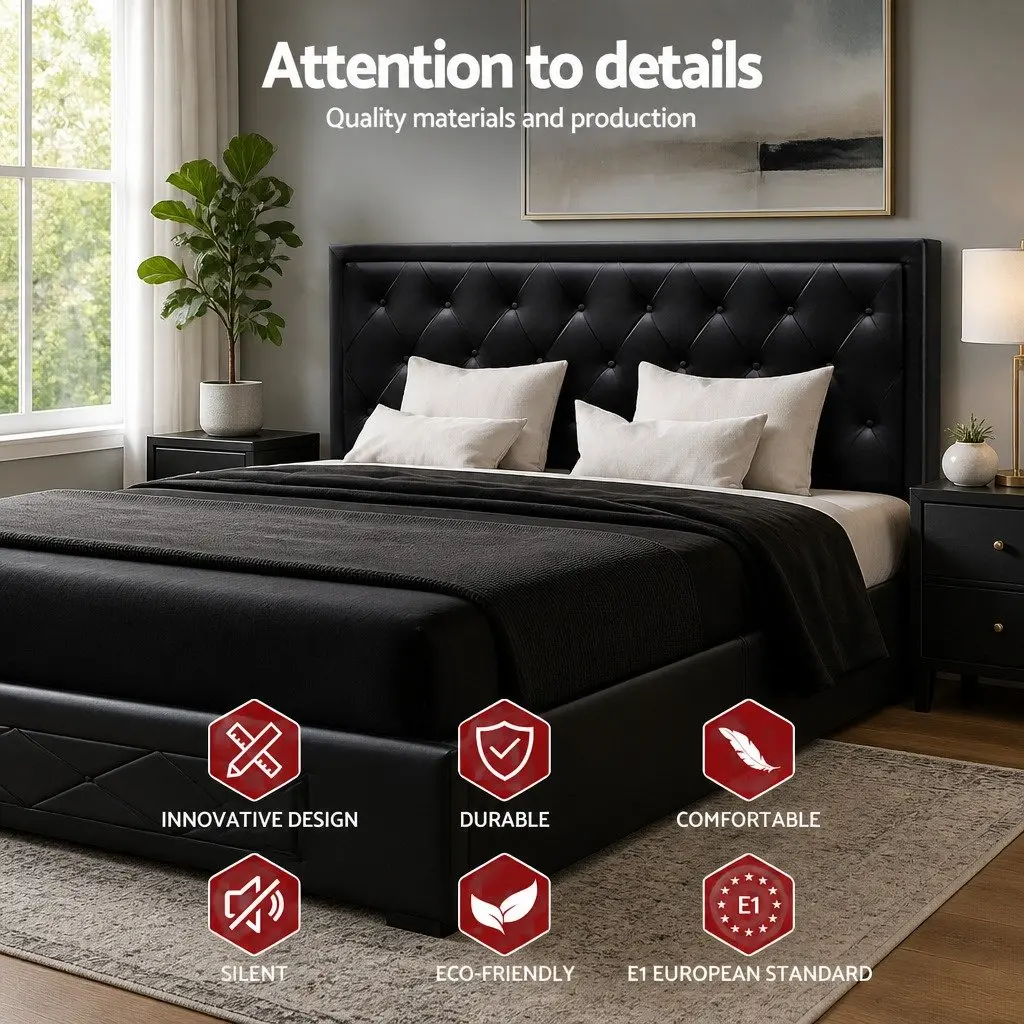King Size Bed Frame Gas Lift Storage Upholstered Black