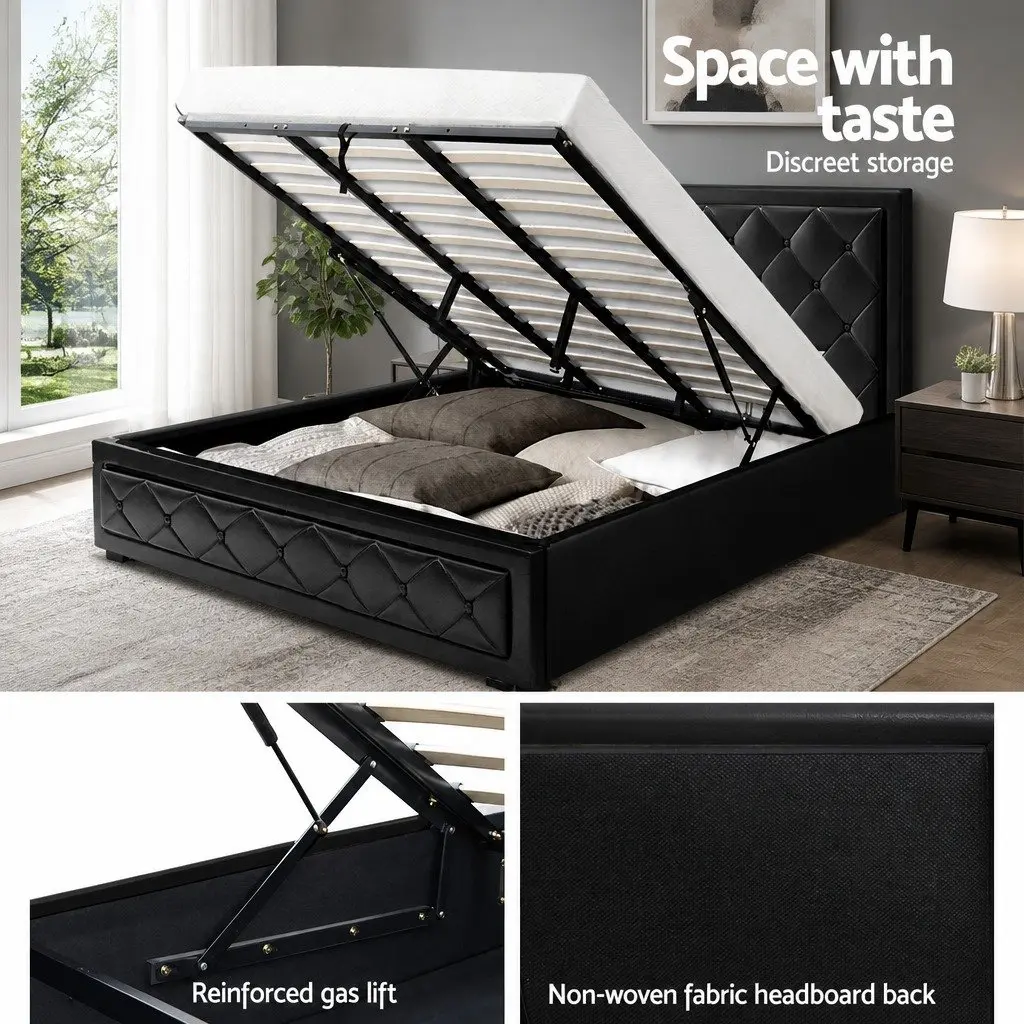King Size Bed Frame Gas Lift Storage Upholstered Black