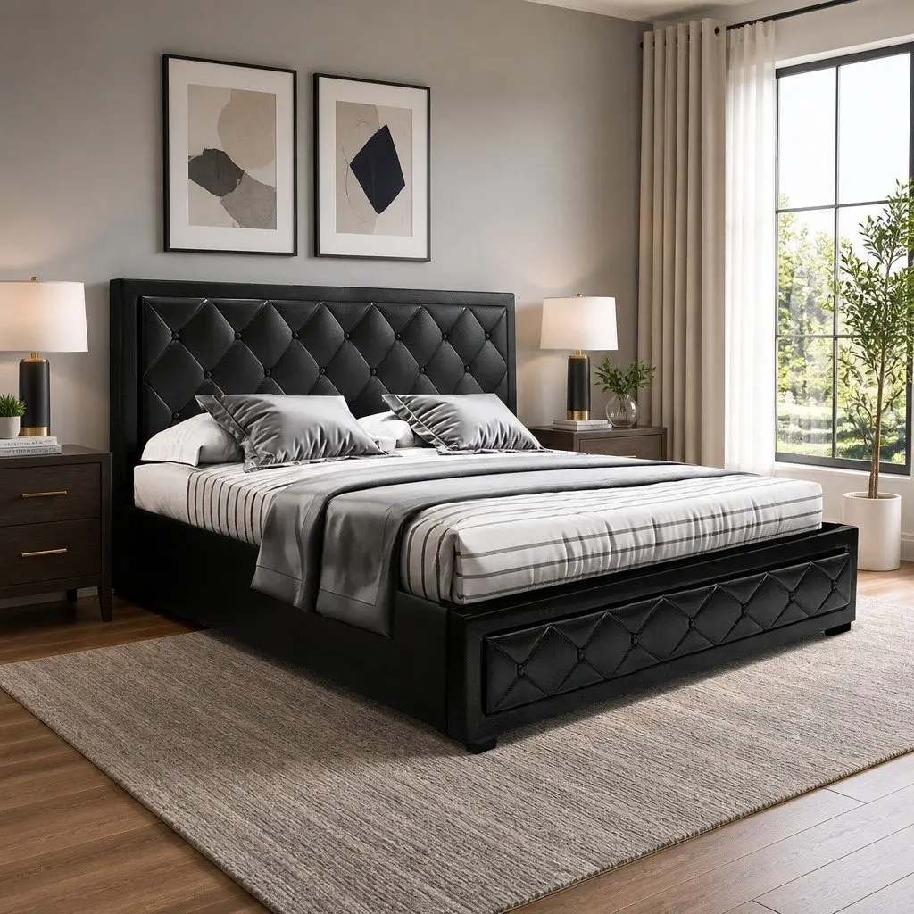 King Size Bed Frame Gas Lift Storage Upholstered Black