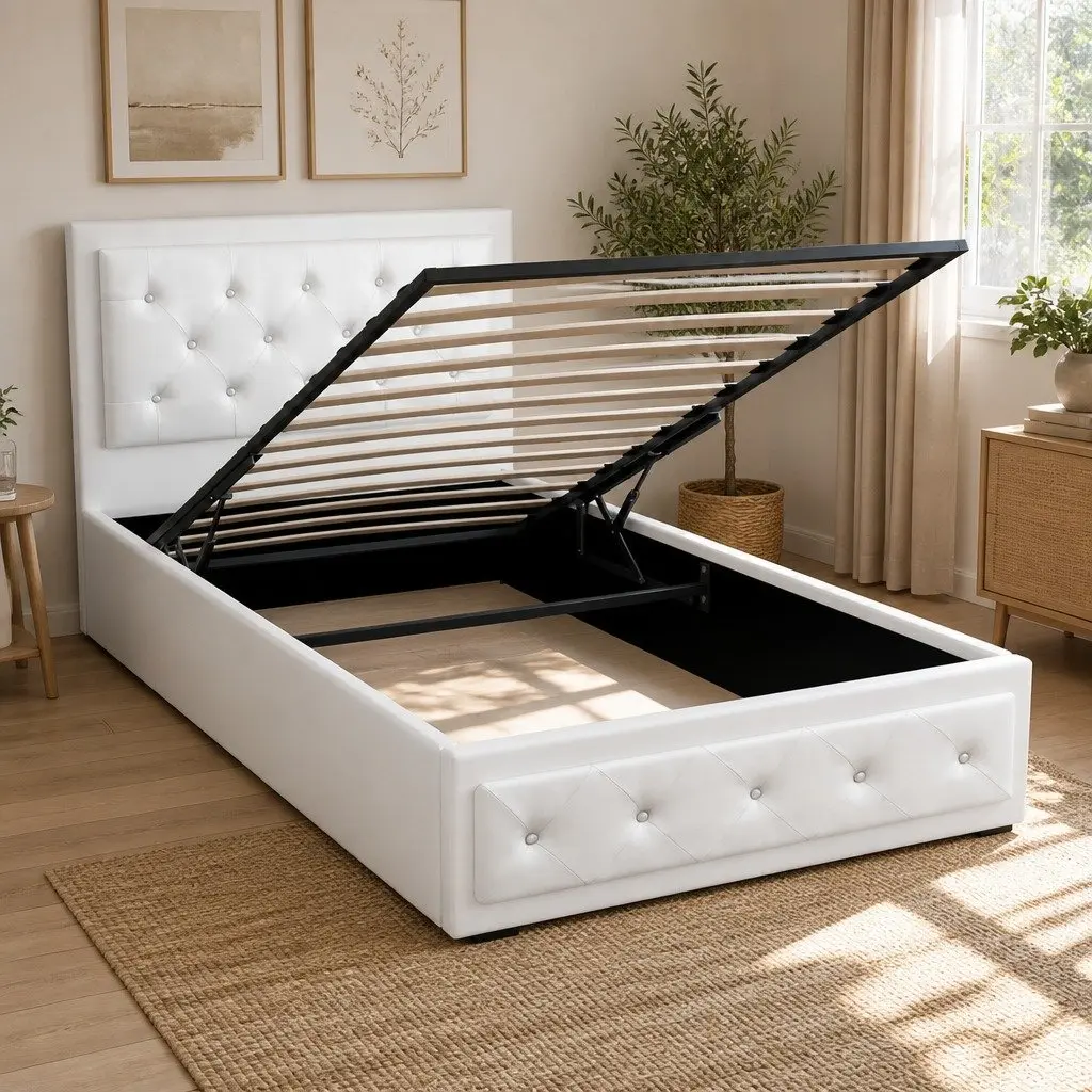 Gas Lift Bed Frame PVC Leather King Single White with Storage
