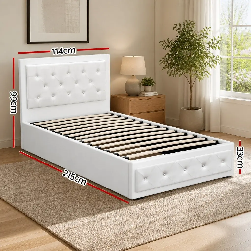 Gas Lift Bed Frame PVC Leather King Single White with Storage