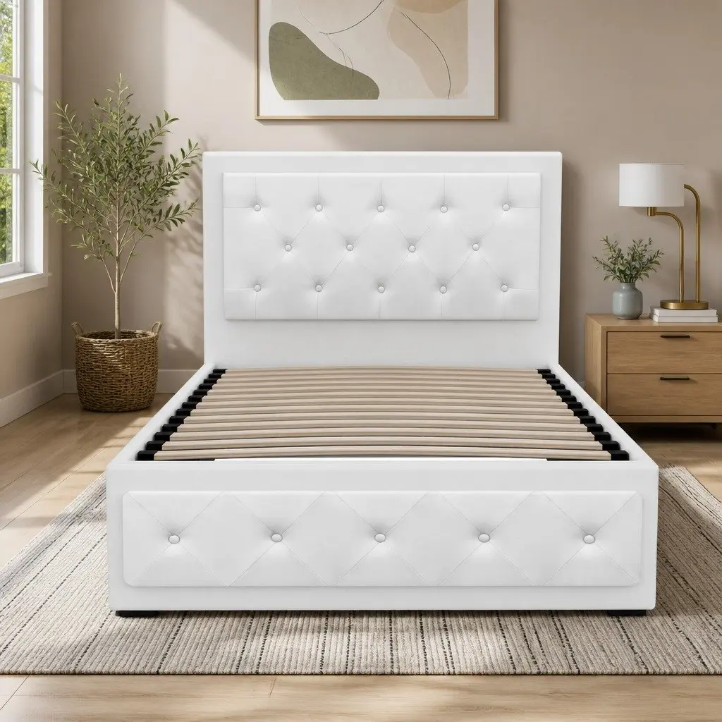 Gas Lift Bed Frame PVC Leather King Single White with Storage