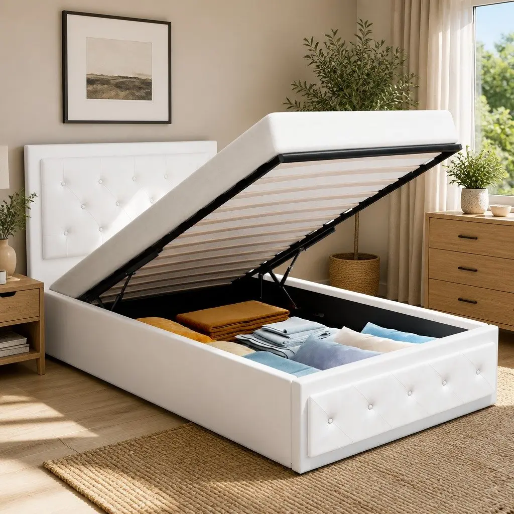 Gas Lift Bed Frame PVC Leather King Single White with Storage