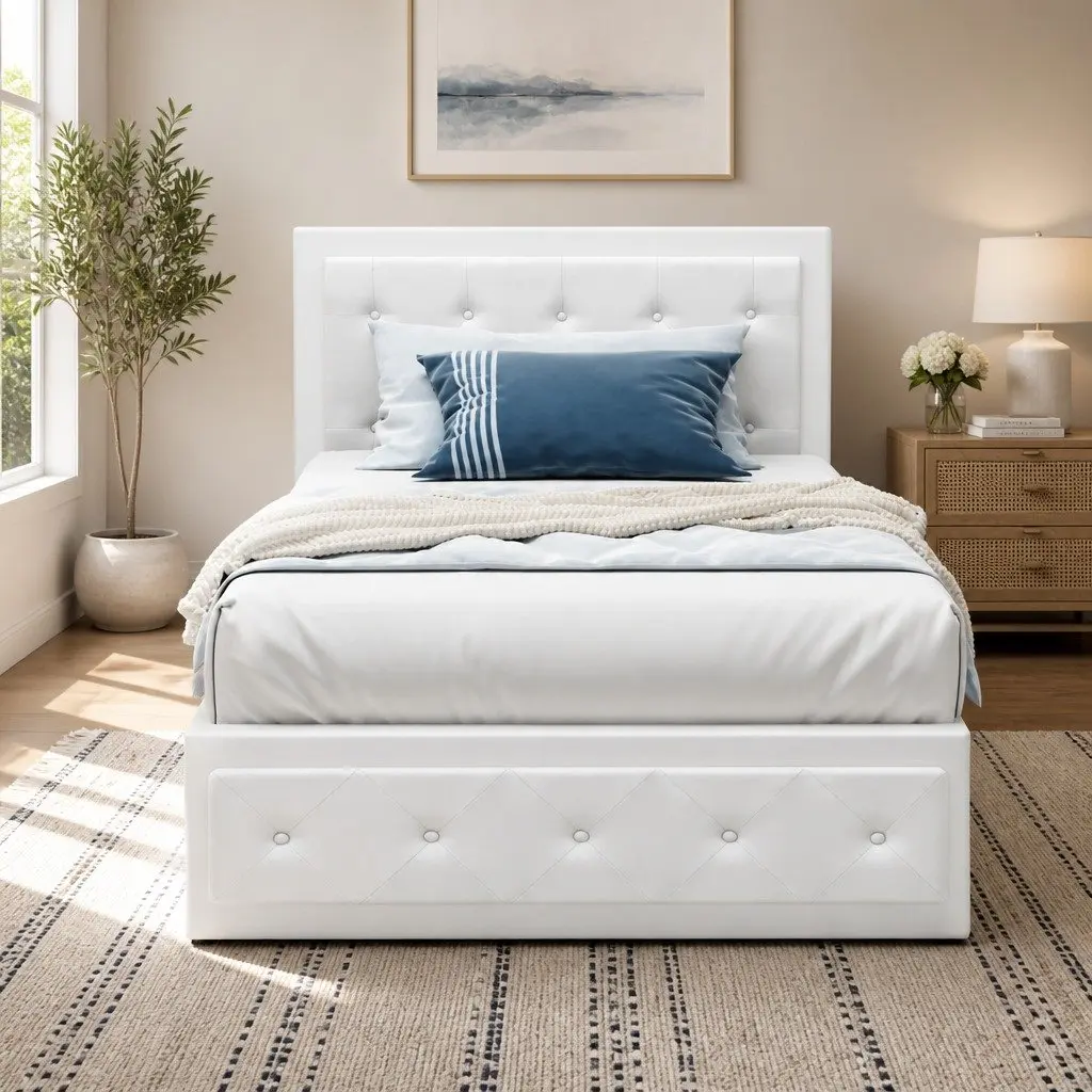 Gas Lift Bed Frame PVC Leather King Single White with Storage