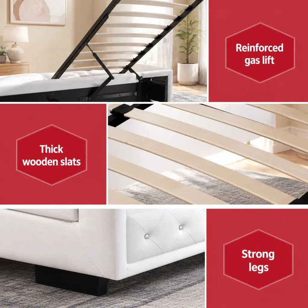 Gas Lift Bed Frame PVC Leather King Single White with Storage