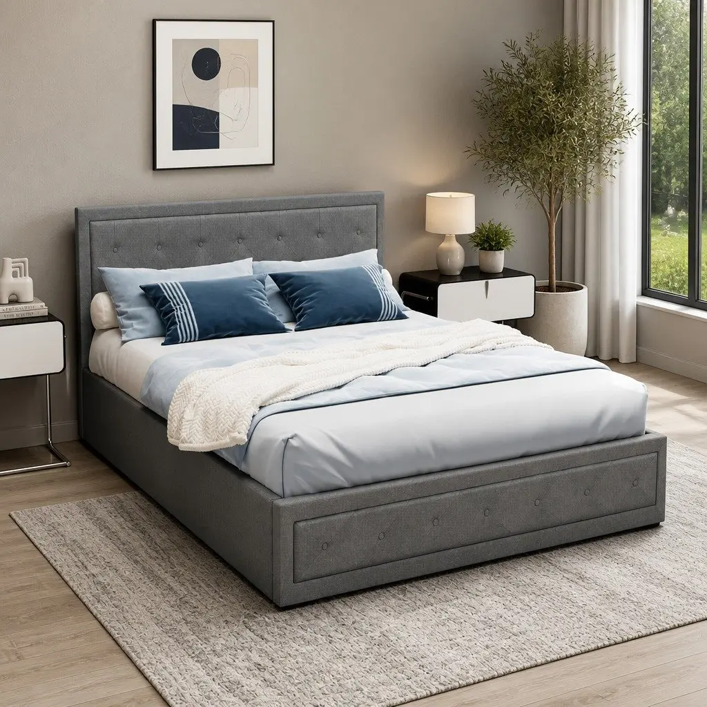 Queen Gas Lift Bed Frame with Storage Headboard