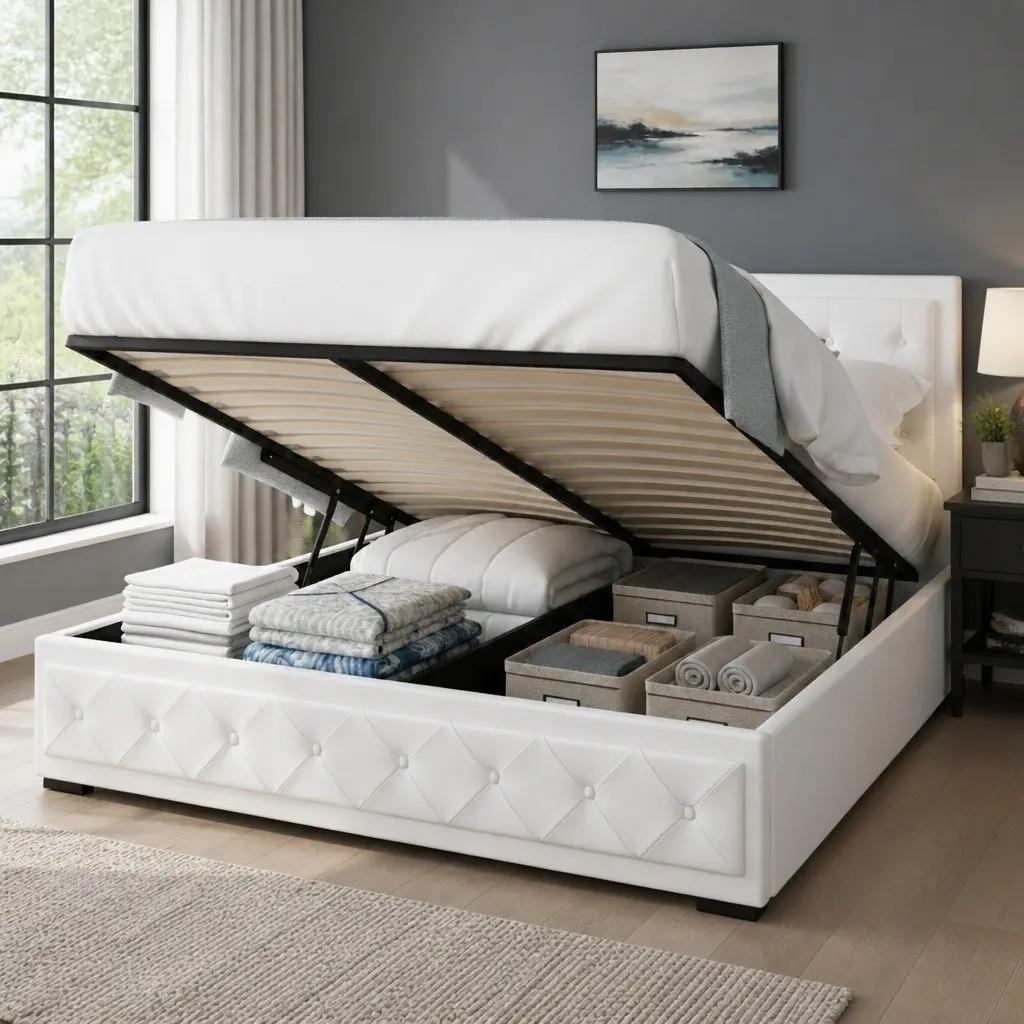 Queen Size Bed Frame White Upholstered Gas Lift Storage Platform