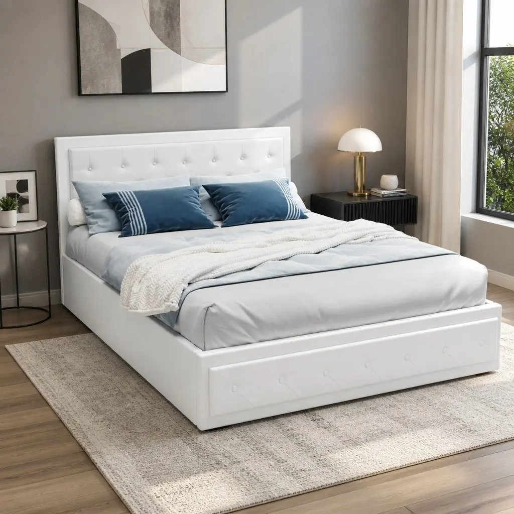Queen Size Bed Frame White Upholstered Gas Lift Storage Platform