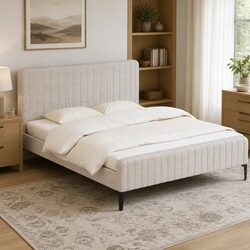King Size Bed Frame with Padded Headboard in Beige