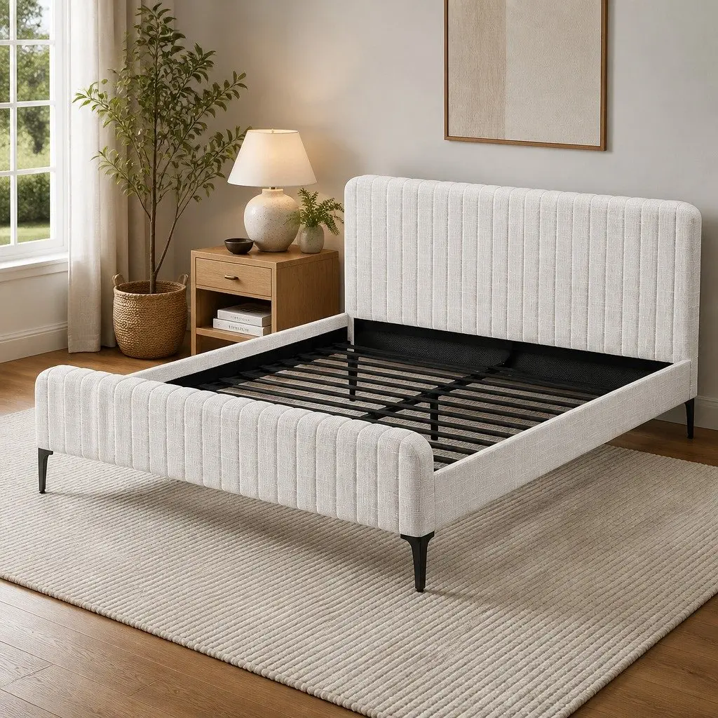 King Size Bed Frame with Padded Headboard in Beige