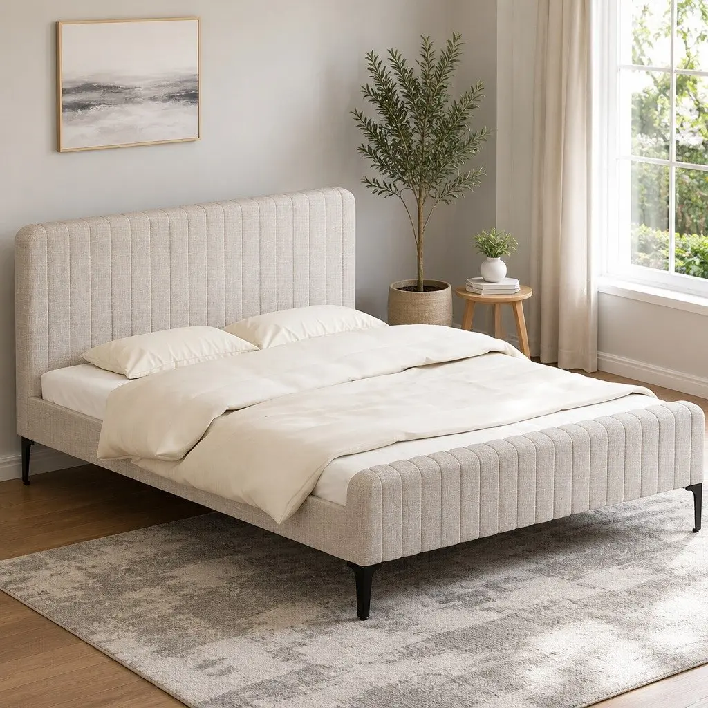 Beige Upholstered Queen Bed Frame with Wooden Slats