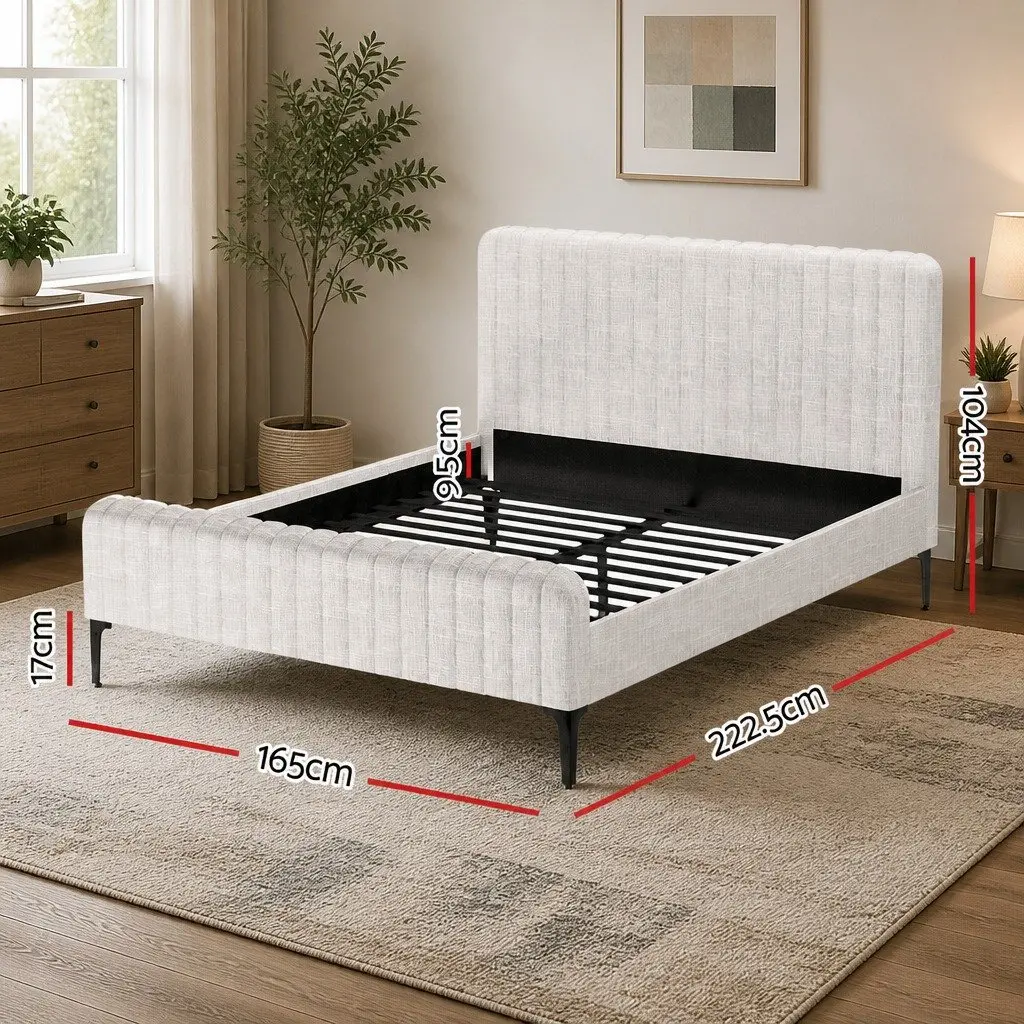 Beige Upholstered Queen Bed Frame with Wooden Slats
