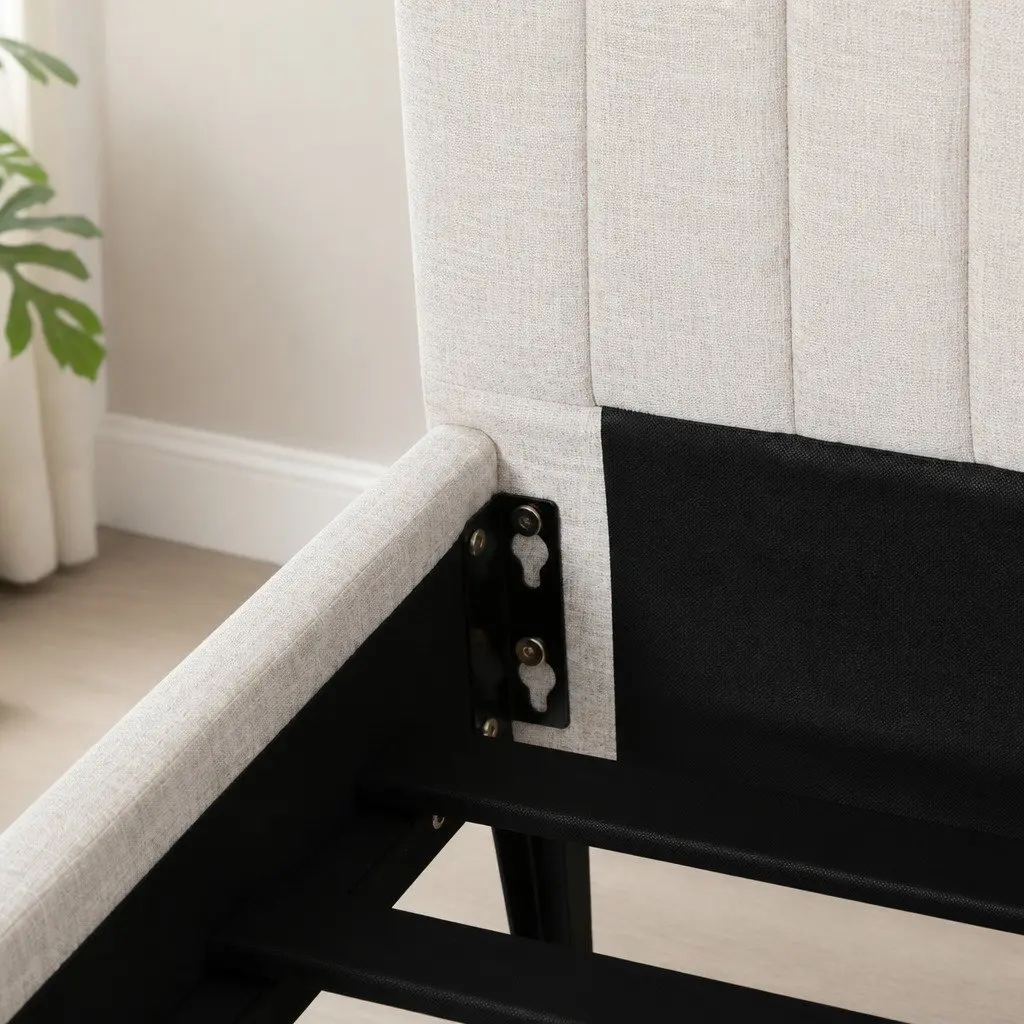 Beige Upholstered Queen Bed Frame with Wooden Slats