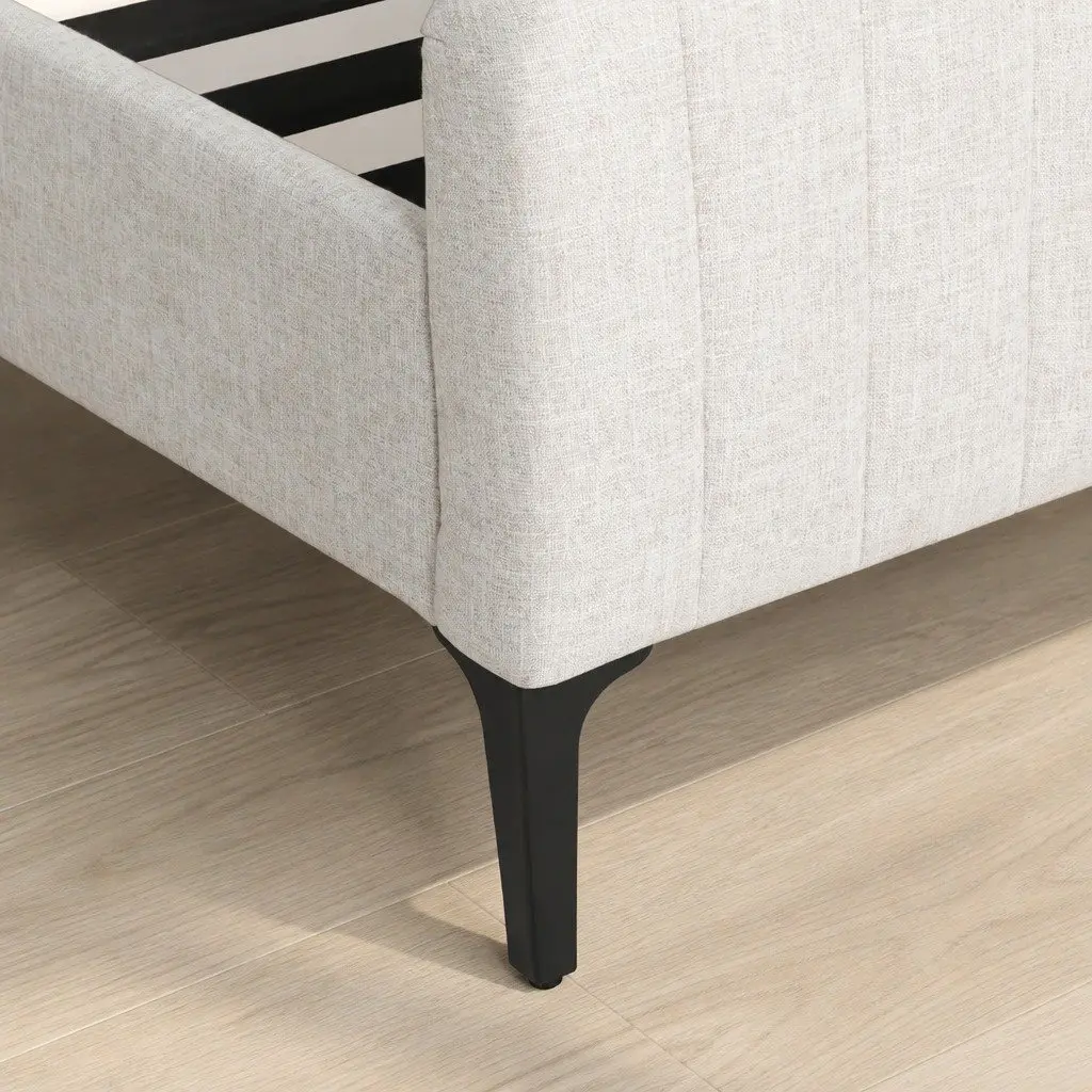 Beige Upholstered Queen Bed Frame with Wooden Slats