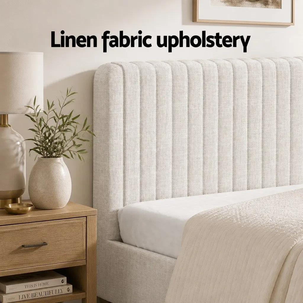 Beige Upholstered Queen Bed Frame with Wooden Slats