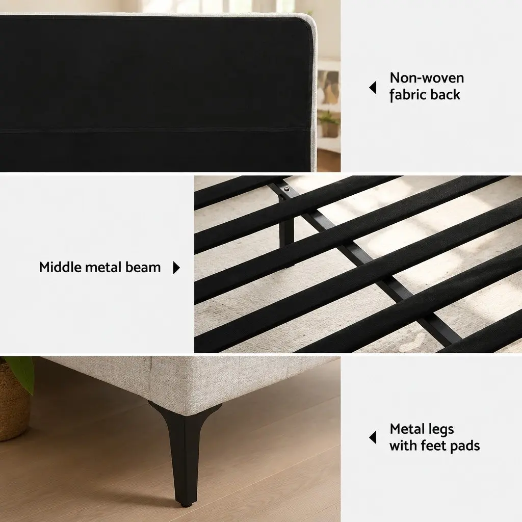 Beige Upholstered Queen Bed Frame with Wooden Slats