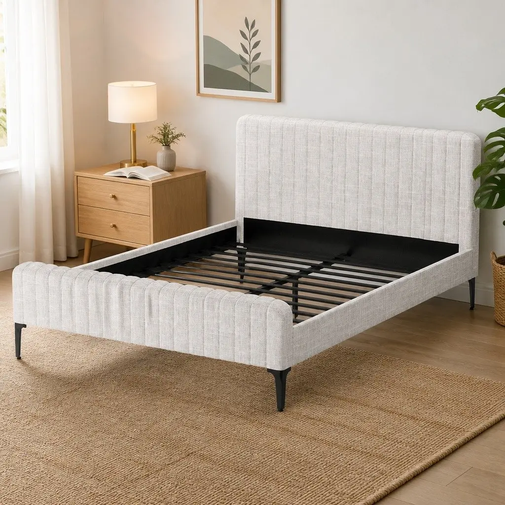 Beige Upholstered Queen Bed Frame with Wooden Slats