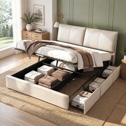King Bed Frame Gas Lift Storage Adjustable Headboard 3 Drawers Platform Base