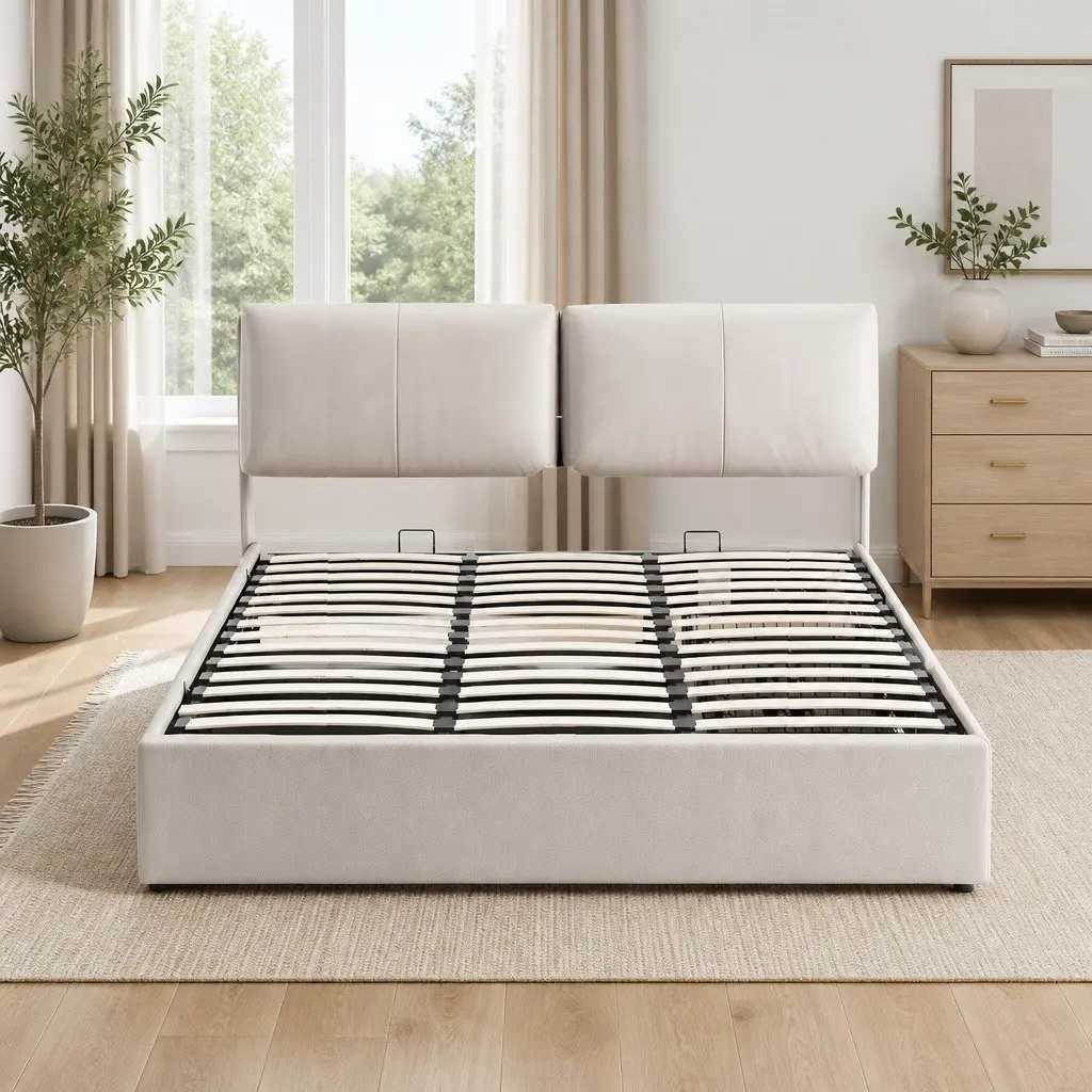 King Bed Frame PVC Leather Beige Gas Lift Storage Adjustable Headboard with 3 Drawers