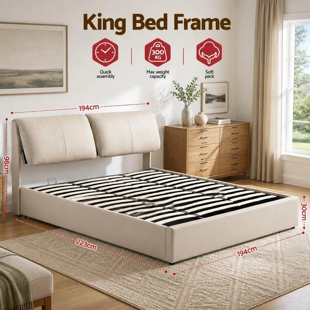 King Bed Frame PVC Leather Beige Gas Lift Storage Adjustable Headboard with 3 Drawers