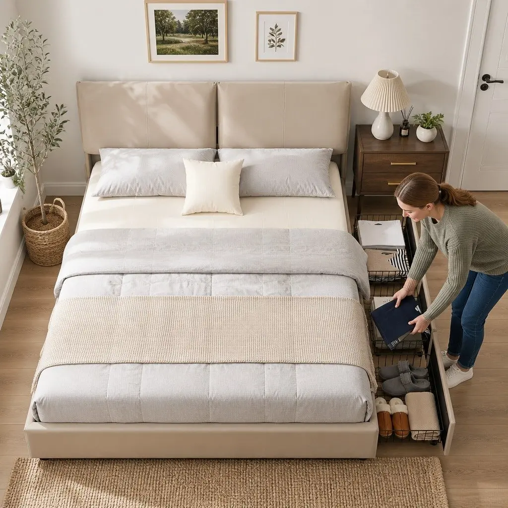 King Bed Frame PVC Leather Beige Gas Lift Storage Adjustable Headboard with 3 Drawers