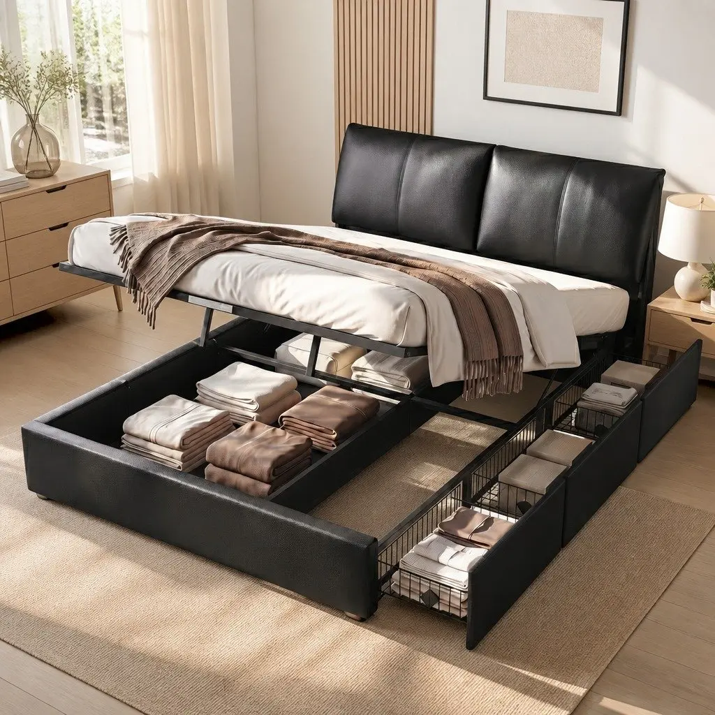 King Bed Frame with Gas Lift and 3 Drawers in Black
