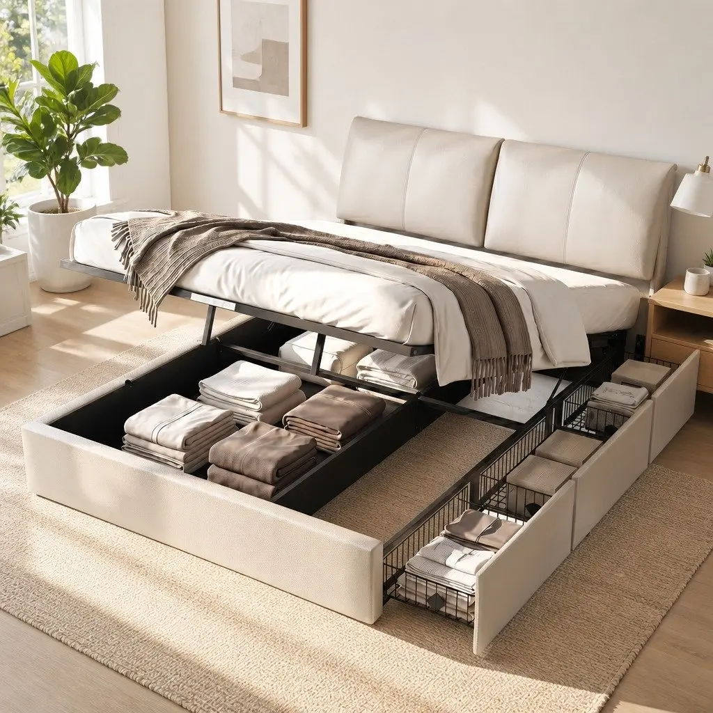 Queen Bed Frame with Gas Lift and 3 Drawers in Beige