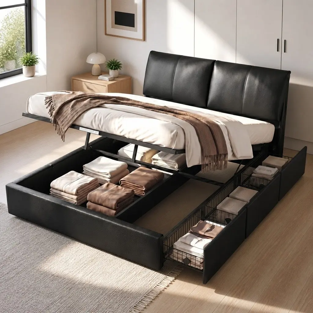 Queen Gas Lift Bed Frame with Storage & Adjustable Headboard