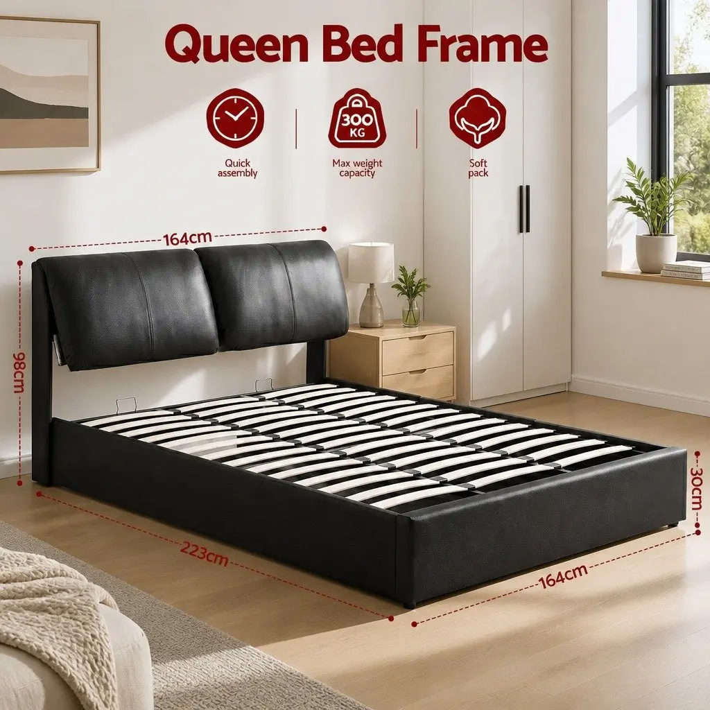 Queen Bed Frame PVC Leather Gas Lift Storage 3 Drawers Adjustable Headboard Black