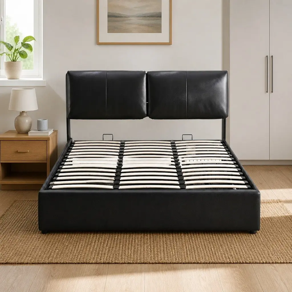Queen Bed Frame PVC Leather Gas Lift Storage 3 Drawers Adjustable Headboard Black