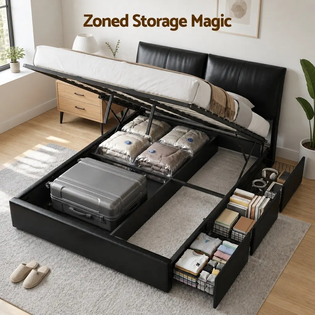 Queen Bed Frame PVC Leather Gas Lift Storage 3 Drawers Adjustable Headboard Black