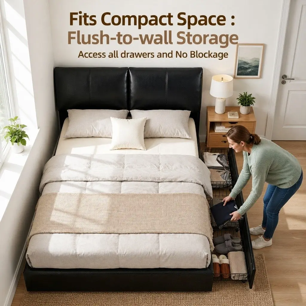 Queen Bed Frame PVC Leather Gas Lift Storage 3 Drawers Adjustable Headboard Black