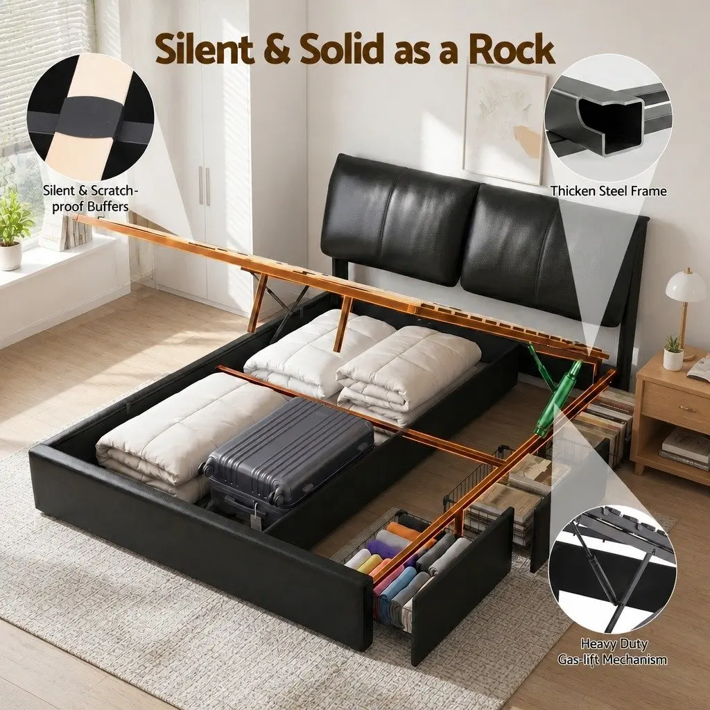 Queen Bed Frame PVC Leather Gas Lift Storage 3 Drawers Adjustable Headboard Black