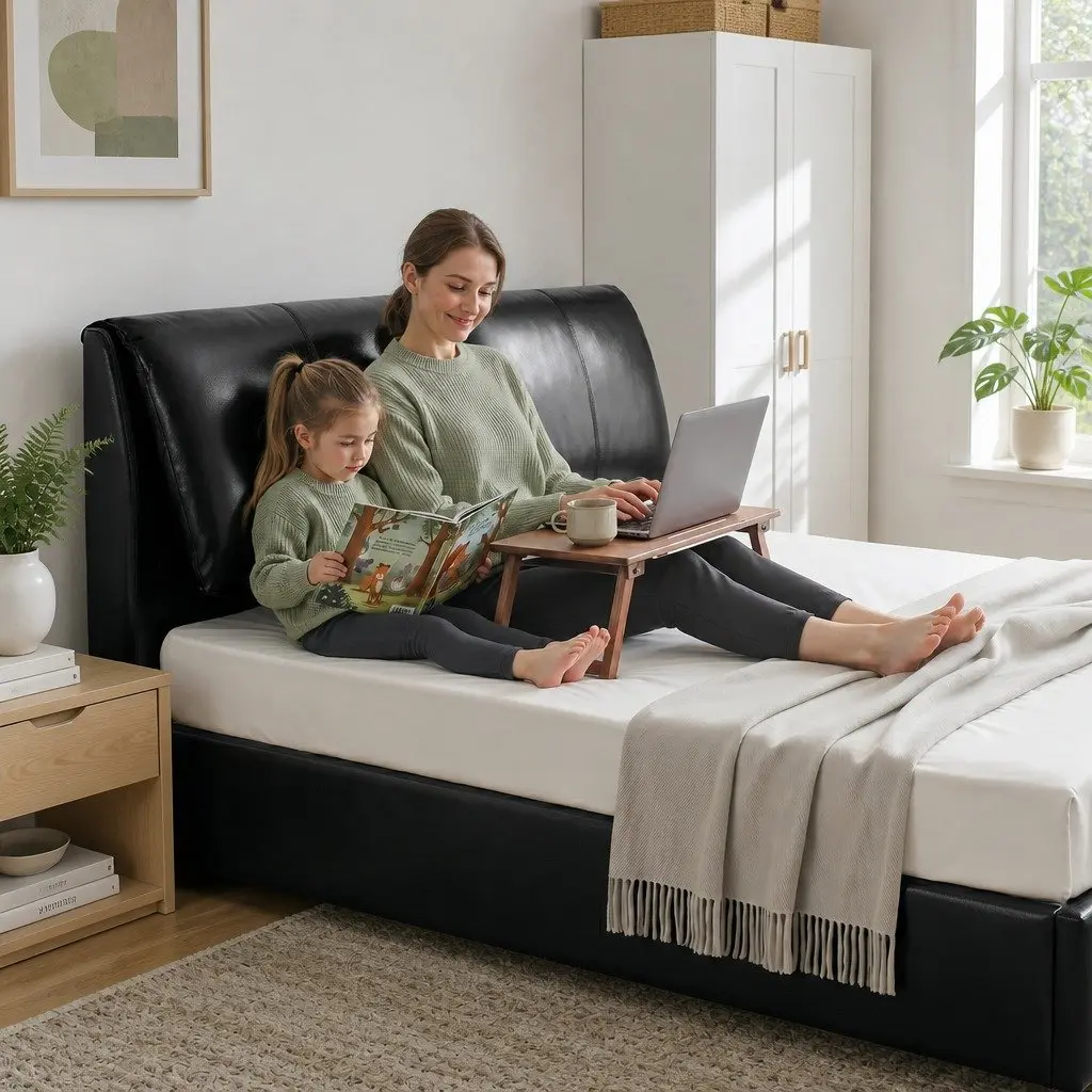 Queen Bed Frame PVC Leather Gas Lift Storage 3 Drawers Adjustable Headboard Black