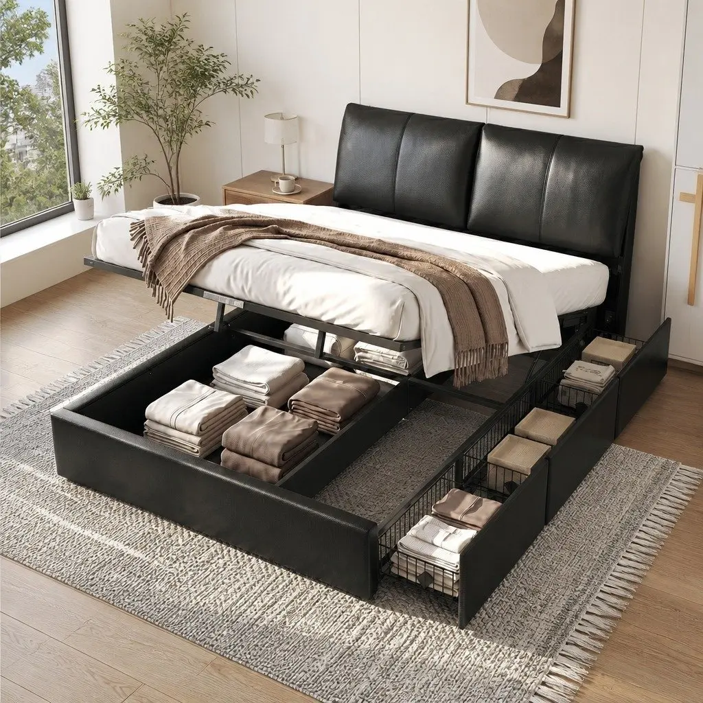 Queen Bed Frame PVC Leather Gas Lift Storage 3 Drawers Adjustable Headboard Black