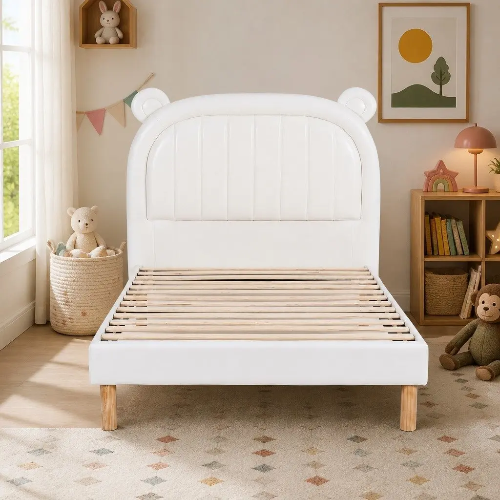 Kids King Single Bed Frame Bear Ears Headboard Upholstered Platform Bedroom