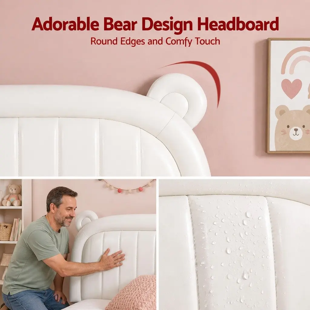 Kids King Single Bed Frame Bear Ears Headboard Upholstered Platform Bedroom