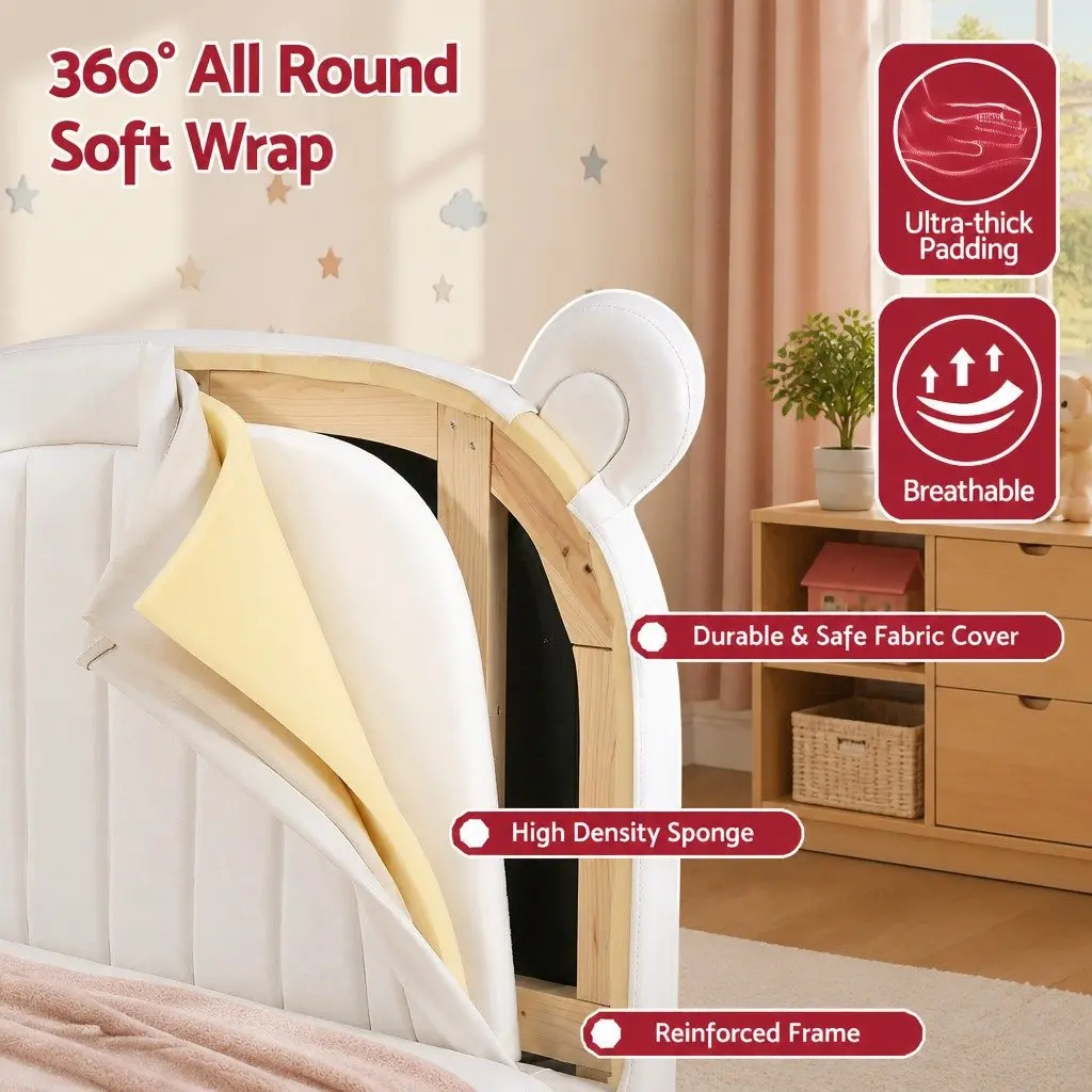 Kids King Single Bed Frame Bear Ears Headboard Upholstered Platform Bedroom