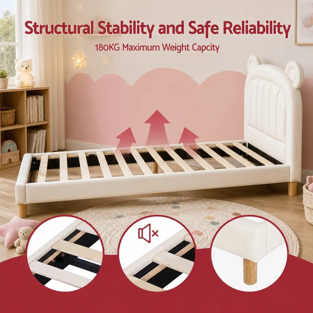 Kids King Single Bed Frame Bear Ears Headboard Upholstered Platform Bedroom